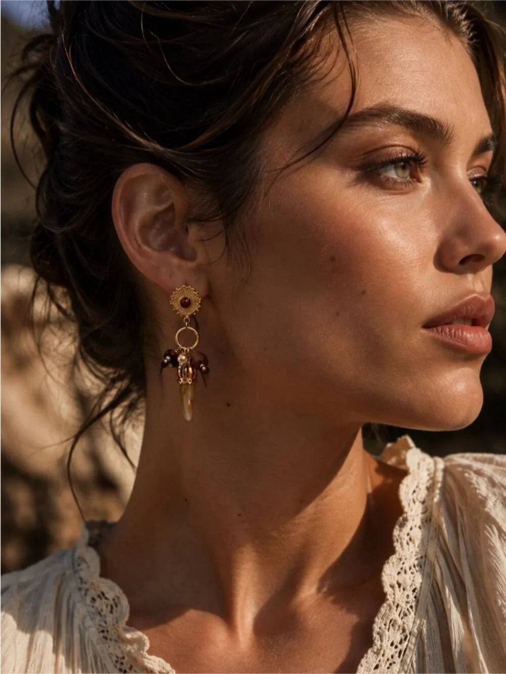 Vintage Gold Drop Earrings with Brown and Cream Accents